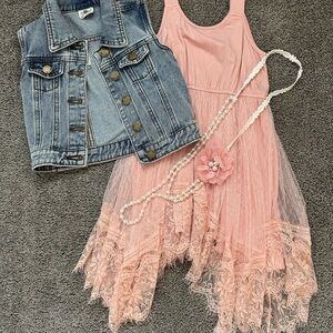 M.L. Kids Pink Lace Dress with Denim Vest